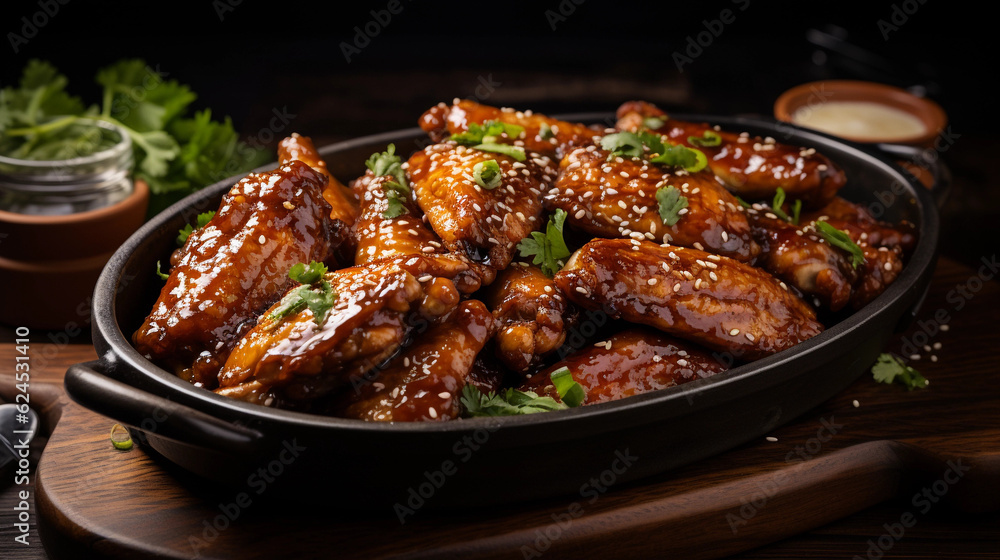 A tray of golden-brown chicken wings, glazed with a sticky barbecue sauce A tray of golden-brown chicken wings, glazed with a sticky barbecue sauce
