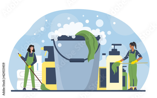 Cleaning service staff concept. Women in uniform near big mop, bucket and cleaning products, detergents. Cleanliness and hygiene. Spray and soap with bubbles. Cartoon flat vector illustration