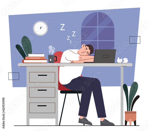 Regular student sleeps concept. Young guy lies at table in office or home. Tired and overworked person. Distance education or work, student or freelancer. Cartoon flat vector illustration