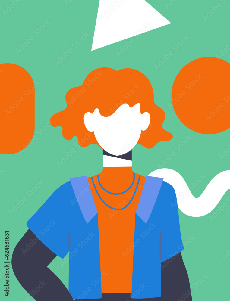 Fashion abstract cover with girl concept. Woman in fashionable clothes at background of geometric figures. Minimalistic creativity and art. Glamor and style. Cartoon flat vector illustration Fashion abstract cover with girl concept. Woman in fashionable clothes at background of geometric figures. Minimalistic creativity and art. Glamor and style. Cartoon flat vector illustration