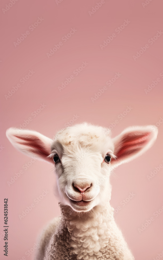 Cute lamb or small sheep, studio portrait with copy space above. Generative AI Cute lamb or small sheep, studio portrait with copy space above. Generative AI