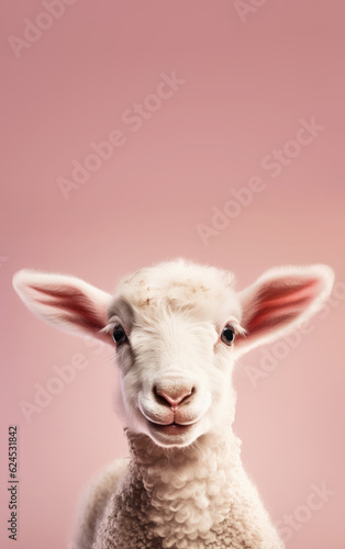 Cute lamb or small sheep  studio portrait with copy space above. Generative AI