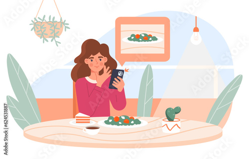 Food blogger with salad concept. Healthy food, natural and organic products. Popular personality in social networks. Girl creating content for social media. Cartoon flat vector illustration
