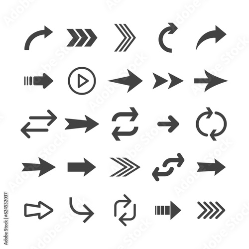 Arrow icon set. Collection of different arrows. Black vector pictogram.