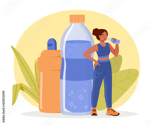 Girl drink water concept. Woman with bottle of aqua. Fight thirst and dehydration. Sportswoman with water salt balance. Healthy eating and lifestyle, fitness. Cartoon flat vector illustration