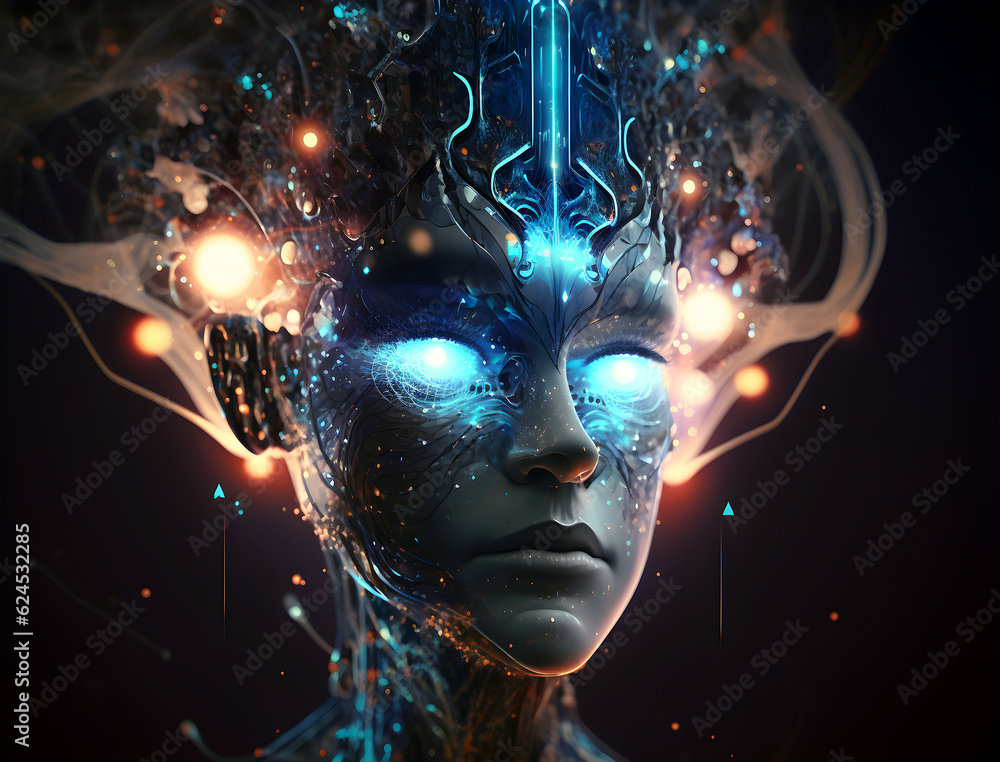 Futuristic tech art woman head with lights and blue glowing eyes in the style of digital detailed figures, futuristic organic, detailed facial features. Concept of AI human interface. 