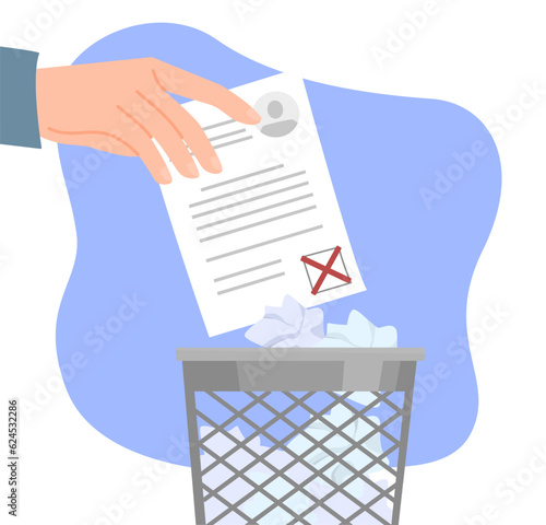 Hand throws document into trash. Businessman rejecting candidate resume for vacancy, worker and employee. Garbage in office. Paperwork and file, portfolio. Cartoon flat vector illustration