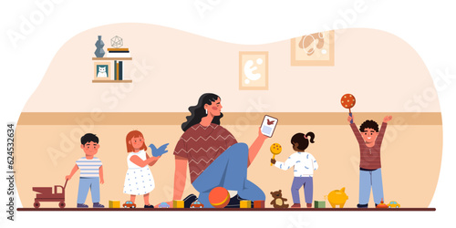 Woman in kindergarten with kids concept. Young girl with toddlers and babies. Nany with boys and girl in playroom. Education and skills development. Cartoon flat vector illustration