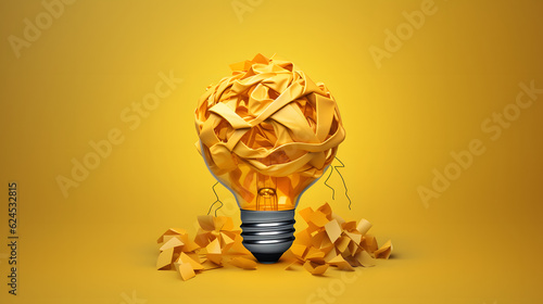 Yellow scrap paper ball with illustration painting for virtual lightbulb. It is creative thinking idea for problem solving and innovation concept