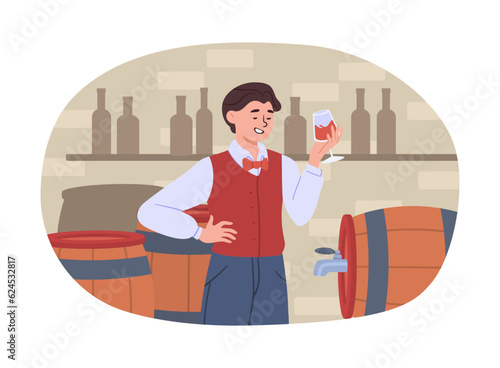 Man wine tester concept. Young guy in suit with alcoholic drink in glass. Sommelier, cafe or restaurant worker. Beverage and tasty liquid. Winery alcoholic product. Cartoon flat vector illustration
