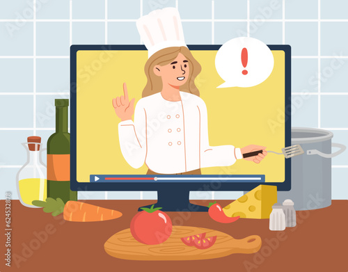Online cooking tutorial concept. Woman in chefs hat tells recipe for dish. Master class of preparation from vegetables and fruits. Blogger in social networks. Cartoon flat vector illustration