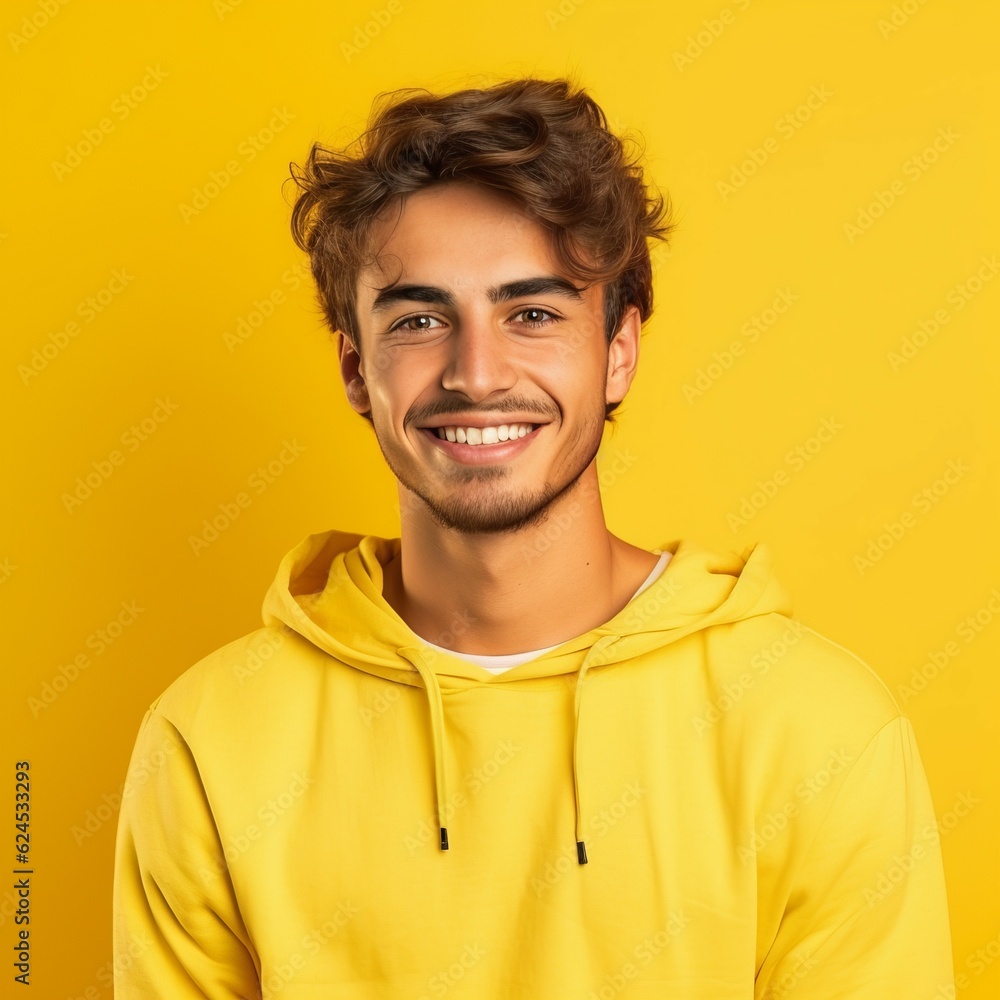 Fototapeta premium Portrait of a smiling young adult man with brown hair. Closeup face of a handsome young Caucasian man smiling at camera on yellow background. Front view, happy young European man in yellow sweatshirt.