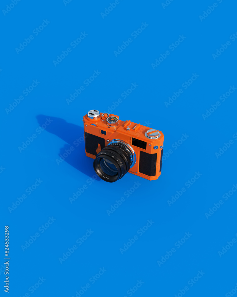 Obraz premium Orange vintage camera 80s 90s nostalgia retro silver chrome black blue background 3d illustration render digital rendering