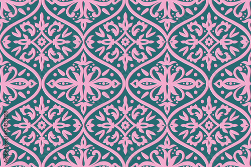 Graphic seamless tile pattern with pink flowers and geometric elements on a dark green background in Damascus style. Hand drawn illustration with colored pencils texture (ID: 624533218)