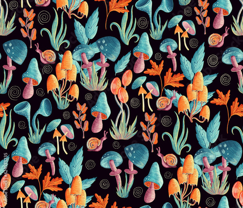 Seamless pattern with hand-drawn blue turquoise red and orange mushrooms and leaves in a mysterious style on dark background. Cottage core and dreamy aesthetic illustration with color pencils texture (ID: 624533235)