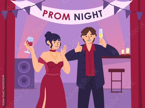 Prom night concept. Boy and girl with drinks in glass cups. Tasty liquid and beverage. School graduates and teenagers. Party and event, disco. Invitation postcard. Cartoon flat vector illustration