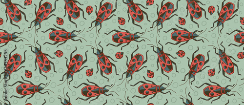 Graphic seamless pattern with ladybugs and firebugs in red, grey and brown colors on a light green background. Hand drawn insects  illustration with colored pencils texture (ID: 624533255)