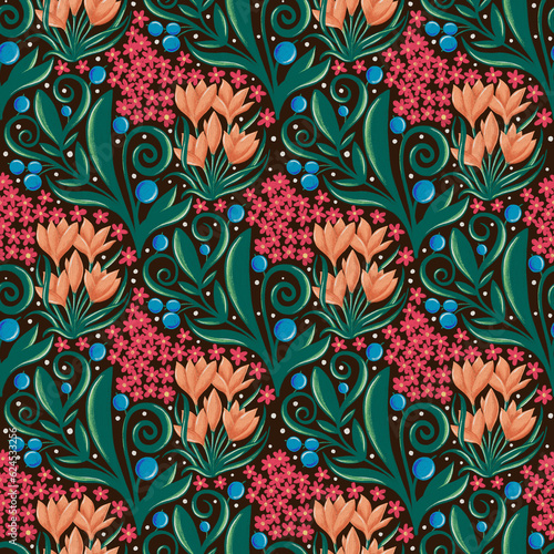 Graphic seamless pattern with orange crocuses, blue berries, small red flowers and green leaves on a dark background in damask style. Hand drawn illustration with color pencils texture (ID: 624533256)