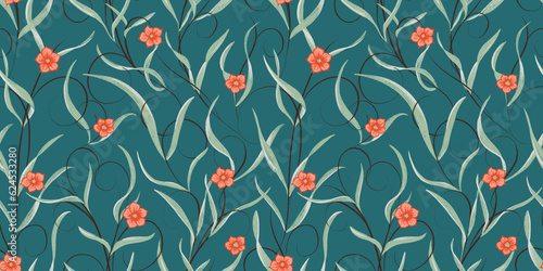 Graphic seamless pattern with tiny red flowers, branches and green leaves on an emerald background. Hand drawn illustration with colored pencils texture (ID: 624533280)