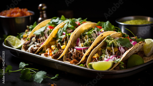 A platter of colorful and flavorful Mexican street tacos, garnished with fresh herbs and lime wedges