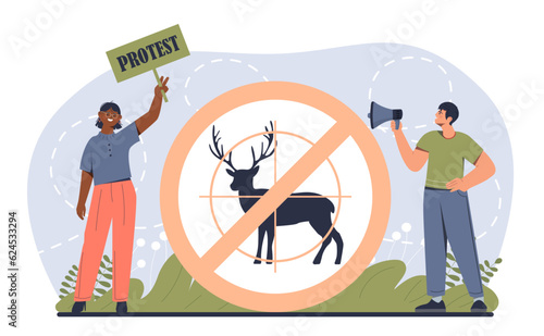 Protection of animals banner. Man and woman standing near poster with crossedout silhouette of elk. Activists and volunteers protest against hunting and cruelty. Cartoon flat vector illustration