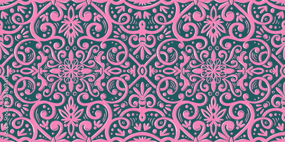 Graphic seamless tile pattern with pink flowers and geometric elements on a dark green background. Hand drawn illustration with colored pencils texture