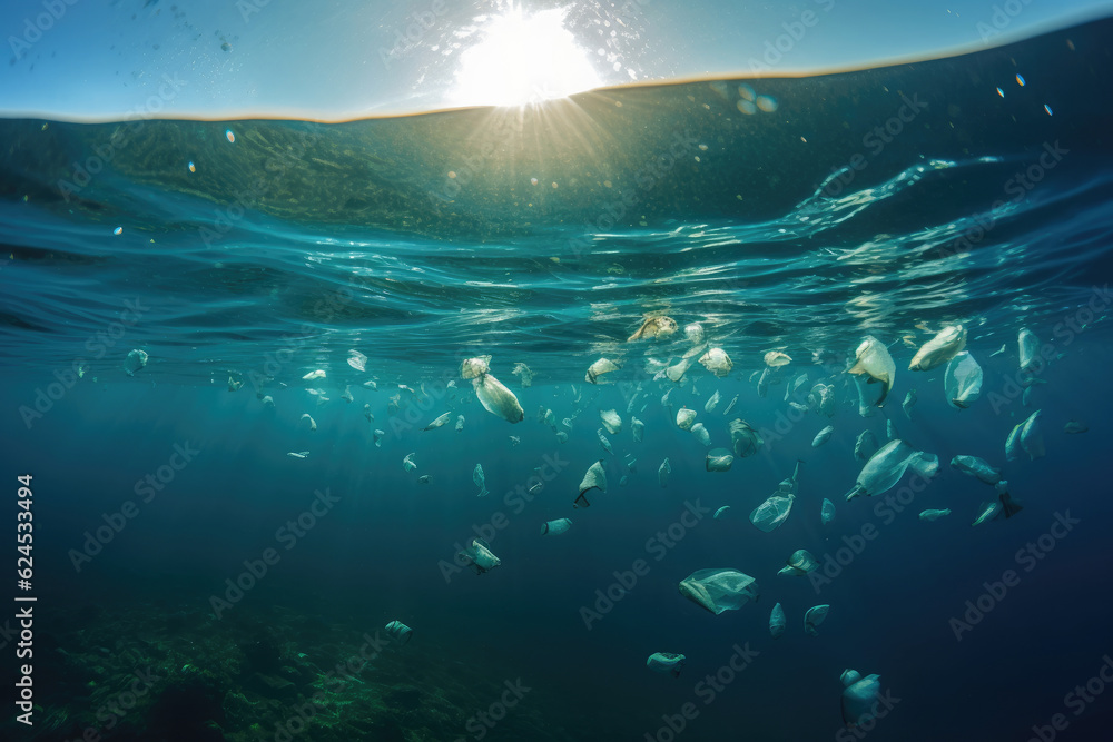 Naklejka premium Plastic bags littering the ocean are floating in the under water. An underwater view floating trash.
