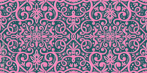 Graphic seamless tile pattern with pink flowers and geometric elements on a dark green background. Hand drawn illustration with colored pencils texture (ID: 624533413)