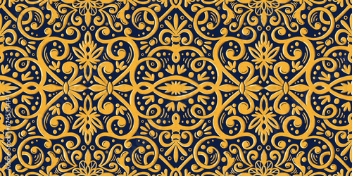 Graphic seamless tile pattern with gold flowers and geometric elements on a dark blue background. Hand drawn illustration with colored pencils texture (ID: 624533414)