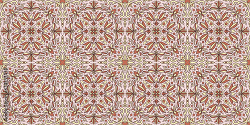 Graphic seamless tile pattern with gold and brown flowers and geometric elements on a light pink background (ID: 624533430)