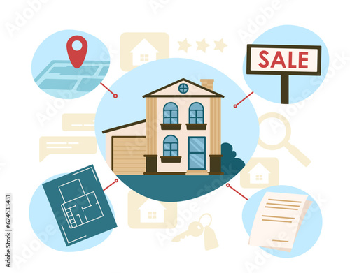 Sale house concept. Transactions with private property and real estate. Investment and trading. Building plan and documents, contract. Poster or banner. Cartoon flat vector illustration