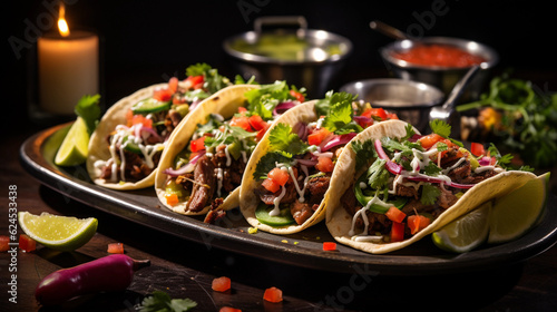 A platter of colorful and flavorful Mexican street tacos, garnished with fresh herbs and lime wedges