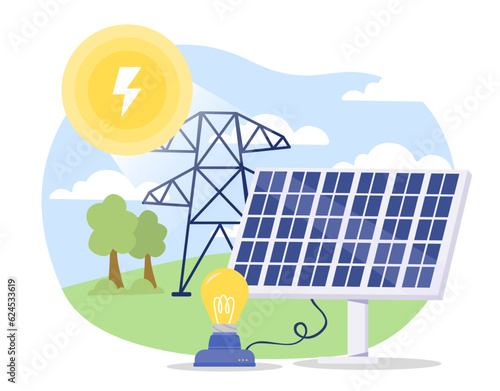 Solar battery concept. Sustainable lifestyle and alternative energy sources. Caring for nature and environment, reducing emission of harmful waste into atmosphere. Cartoon flat vector illustration