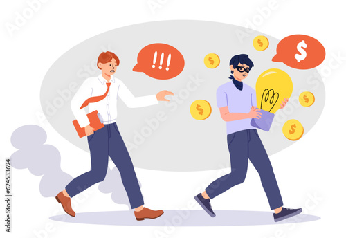 Man steals ideas concept. Young guy with light bulbs. Plagiarism and copyright infringement. Criminal and scammer on Internet. Online hacker. Legal support. Cartoon flat vector illustration