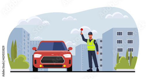 Traffic policeman at street concept. Man directing traffic at roads and highways. Transportation service, young guy in uniform with red sign. Poster or banner. Cartoon flat vector illustration