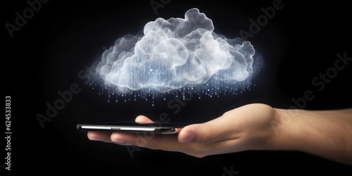 hand holding mobile with cloud symbol, Cloud Symbol Hovering Over a Mobile Phone in Luminous Sfumato, Showcasing Technological Marvels and Exacting Precision in Cloudcore Style