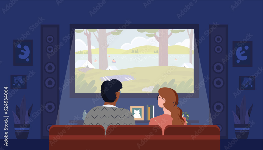 © 100% HAND-CRAFTED - People watching movie concept. Man and woman sit on red armchairs and watch film on big screen. Series, art and creativity. Event leisure and rest, entertainment. Cartoon flat vector illustration © 100% HAND-CRAFTED - People watching movie concept. Man and woman sit on red armchairs and watch film on big screen. Series, art and creativity. Event leisure and rest, entertainment. Cartoon flat vector illustration