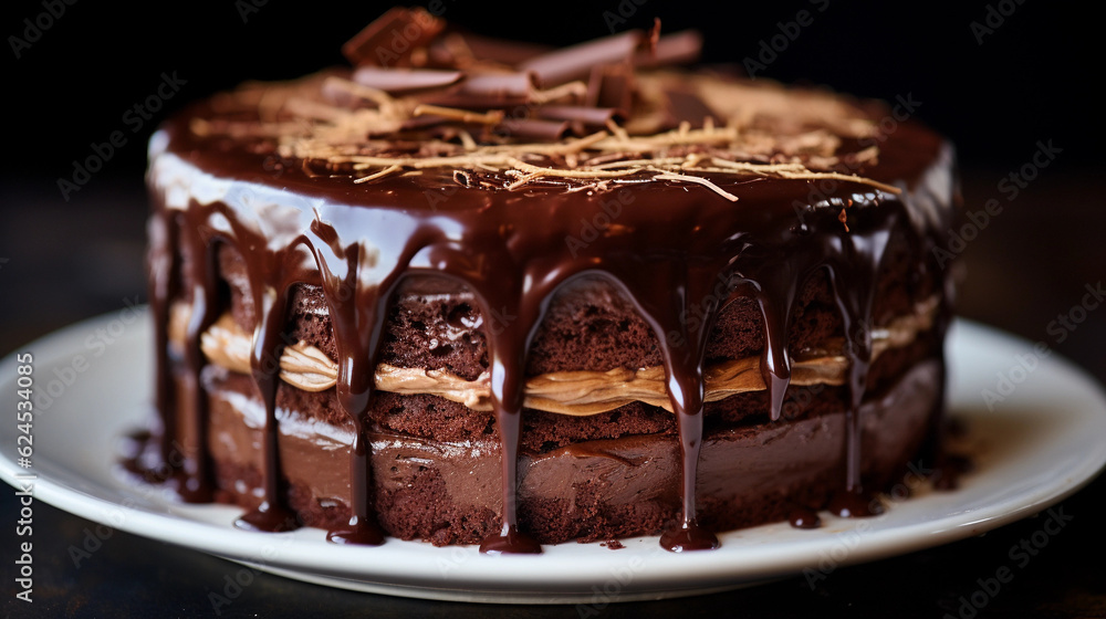 A close-up of a decadent chocolate cake with a velvety ganache frosting