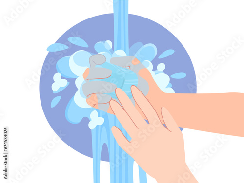 Character wash hands concept. Cleanliness and hygiene, household chores and routine. Prevention of viruses and diseases. Healthcare and purity. Cartoon flat vector illustration