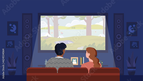 People watching movie concept. Man and woman sit on red armchairs and watch film on big screen. Series, art and creativity. Event leisure and rest, entertainment. Cartoon flat vector illustration