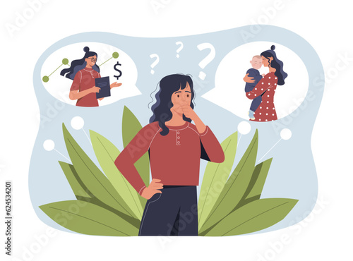 Woman chooses life or work concept. Young girl with kid or in suit. Motherhood versus career. Comparison and decision making, prioritization, solution. Cartoon flat vector illustration