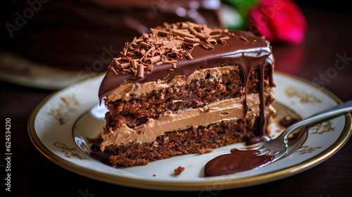 A close-up of a decadent chocolate cake with a velvety ganache frosting