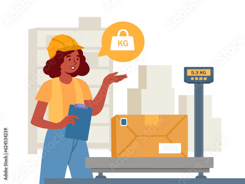 Woman work at warehouse concept. Young girl in uniform weighs package. Delivery of goods and postal items. Logistics and transportation, electronic commerce. Cartoon flat vector illustration