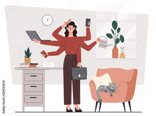 Work life balance concept. Woman does lot of housework. Hard working entrepreneur and housewife. Leisure or business, hobby vs career. Poster or banner. Cartoon flat vector illustration