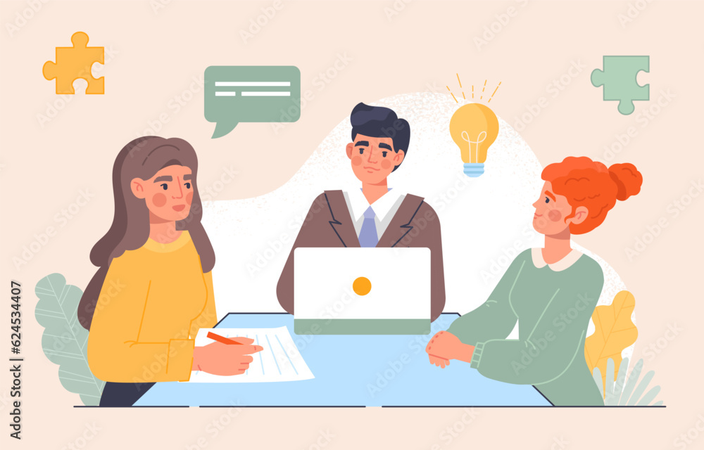 People with creative ideas concept. Man and women with light bulb sitting at table. Brainstorming and insight. Colleagues and partners work at common task. Cartoon flat vector illustration People with creative ideas concept. Man and women with light bulb sitting at table. Brainstorming and insight. Colleagues and partners work at common task. Cartoon flat vector illustration