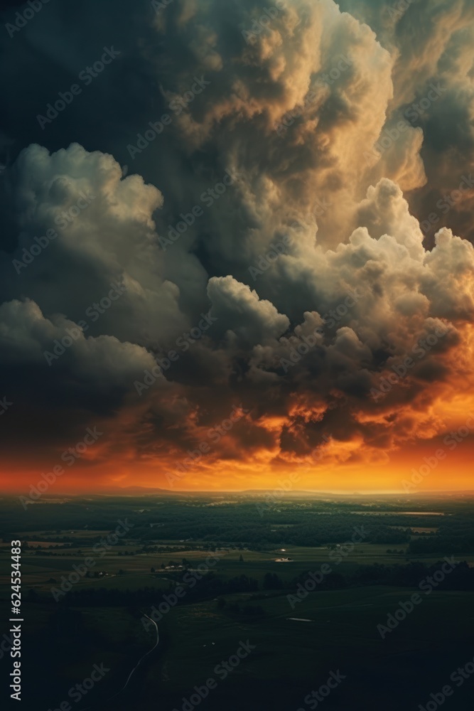 Fototapeta premium Dark cloudy sky before thunderstorm panoramic background. Storm heaven panorama. Generative AI