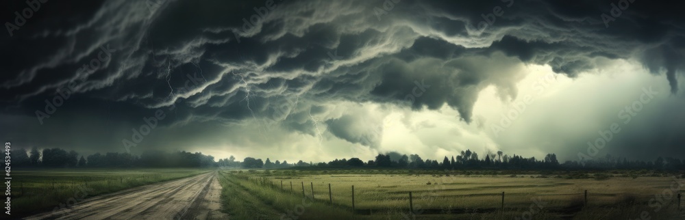 Dark cloudy sky before thunderstorm panoramic background. Storm heaven panorama. Generative AI Dark cloudy sky before thunderstorm panoramic background. Storm heaven panorama. Generative AI