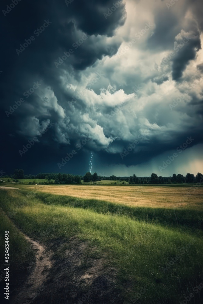 Dark cloudy sky before thunderstorm panoramic background. Storm heaven panorama. Generative AI Dark cloudy sky before thunderstorm panoramic background. Storm heaven panorama. Generative AI