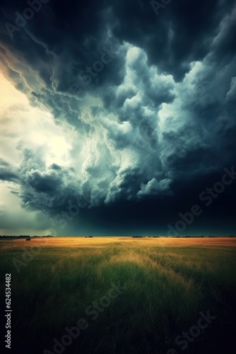 Dark cloudy sky before thunderstorm panoramic background. Storm heaven panorama. Generative AI © Viktor
