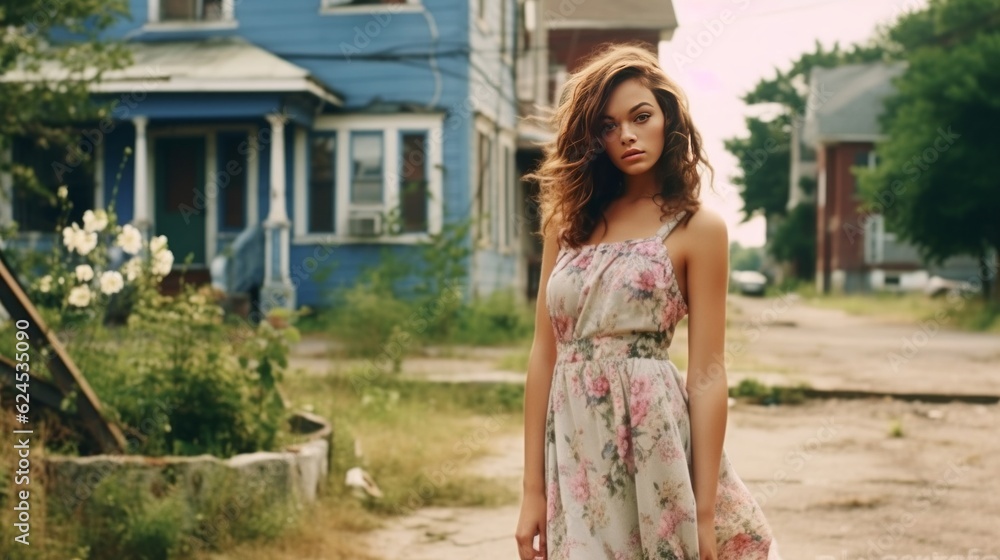 Beautiful woman in a fashion dress posing in a poor ghetto neighborhood. Fashion outdoor concept of a beautiful sensual fair-haired girl in an elegant bright dress posing on a poor old Asian street. Beautiful woman in a fashion dress posing in a poor ghetto neighborhood. Fashion outdoor concept of a beautiful sensual fair-haired girl in an elegant bright dress posing on a poor old Asian street.